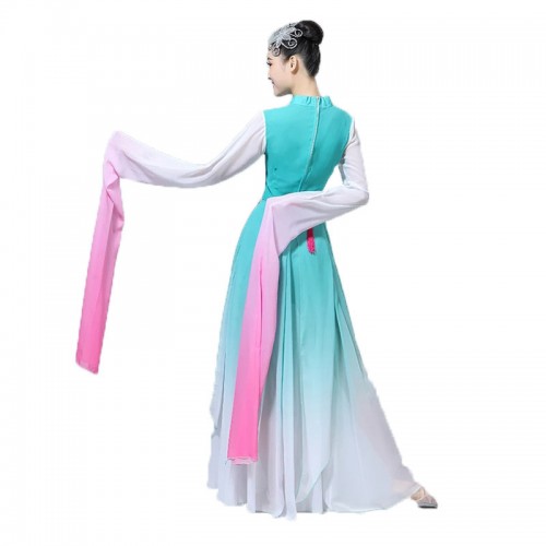 Turquoise pink gradient Chinese folk dance costumes for women girls ancient traditional caiwei dance clothes waterfall sleeves hanfu fairy performance dresses 